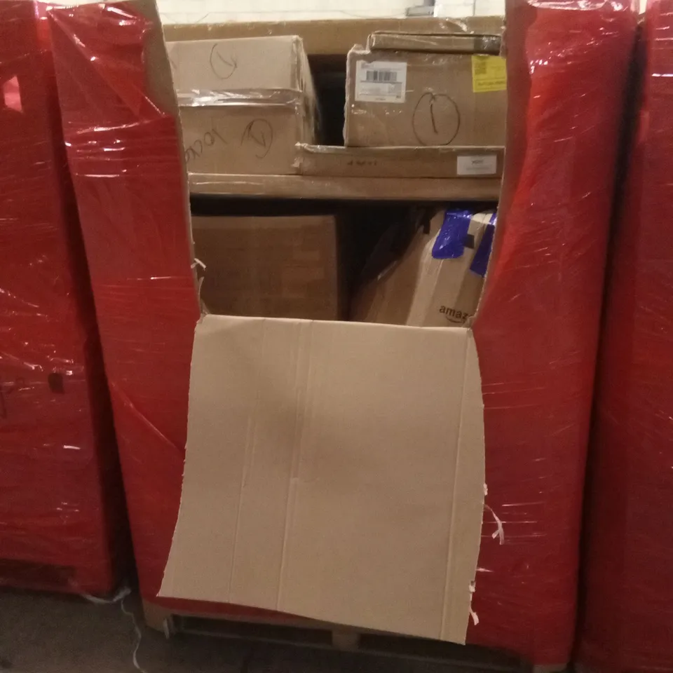 PALLET OF ASSORTED HOUSEHOLD GOODS AND PRODUCTS TO INCLUDE; FURNITURE, SUITCASE, TROLLEY, PUZZLE BOARD STAND ETC