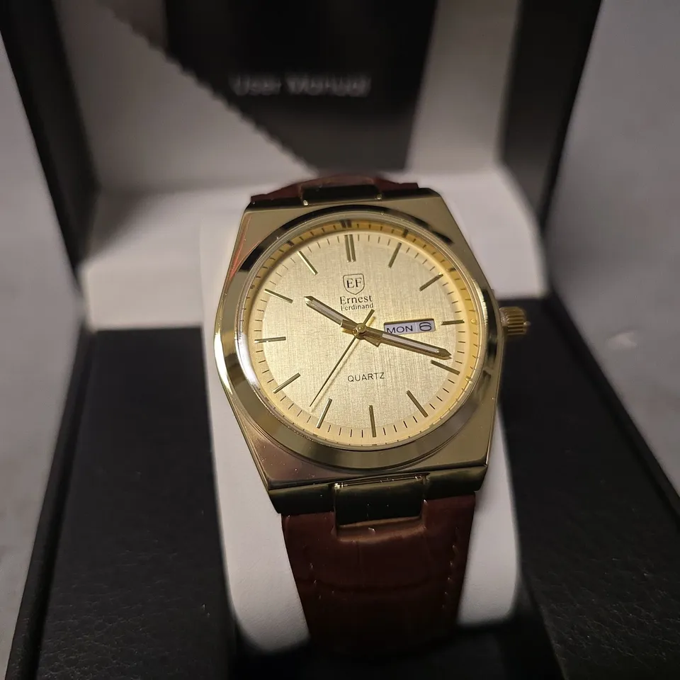ERNEST FERDINAND WATCH – DAY DATE CALENDAR DIAL – LEATHER STRAP – 3ATM WATER RESISTANT - GIFT BOX