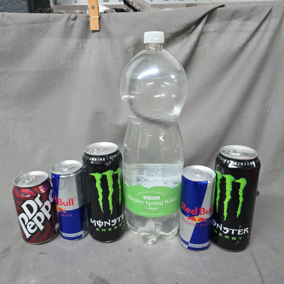 APPROXIMATELY 12 ASSORTED DRINKS TO INCLUDE DR PEPPER, MONSTER ENERGY, SHEPLEY SPRING WATER, ETC - COLLECTION ONLY
