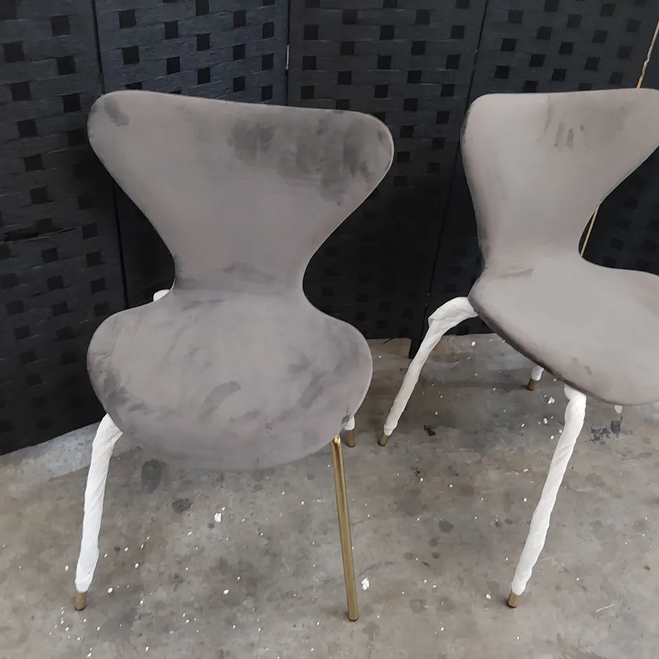 BOXED PAIR DESIGNER UPHOLSTERED DINING CHAIRS GREY PLUSH FABRIC ON GOLD LEGS