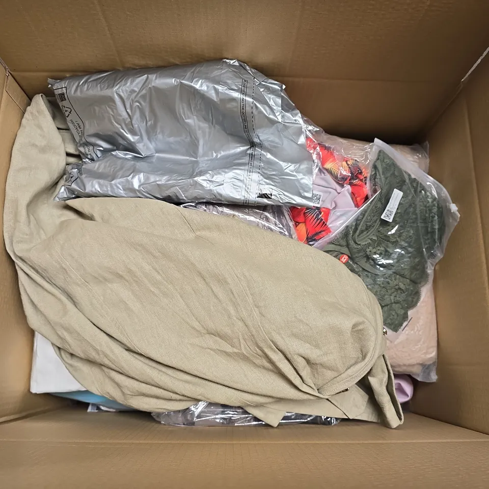 LARGE BOX OF APPROXIMATELY 20 ASSORTED CLOTHING ITEMS IN VARIOUS SIZES, STYLES AND COLOUR 