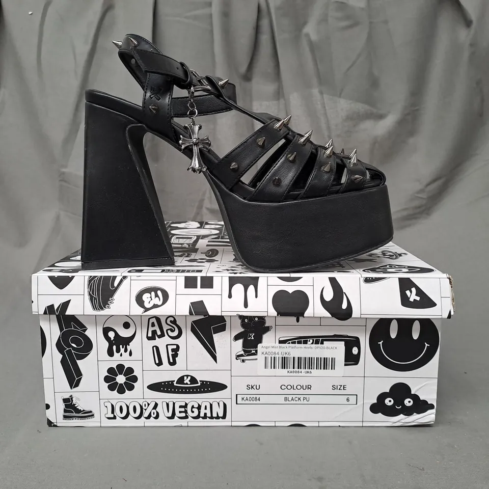 BOXED PAIR OF KOI VEGAN ANGEL MIST PLATFORM HEELS IN BLACK UK SIZE 6