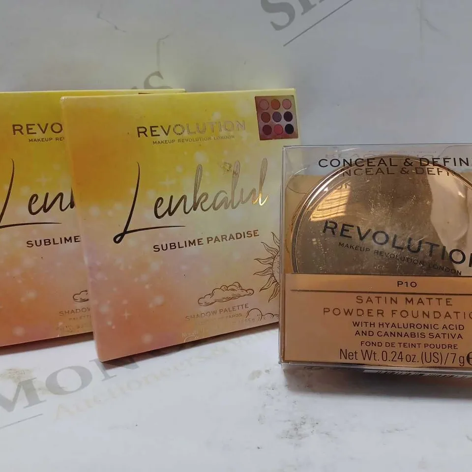 LOT OF 3 ASSORTED REVOLUTION PRODUCTS TO INCLUDE 2 X SUBLIME PARADISE EYESHADOW PALETTES & 1 X SATIN MATTE POWDER FOUNDATION