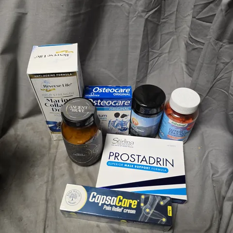APPROXIMATELY 15 ASSORTED VITAMIN/HEALTH AID PRODUCTS TO INCLUDE ANCIENT & BRAVE CREATINE, MARINE COLLAGEN DRINK, PAIN RELIEF CREAM, ETC - COLLECTION ONLY