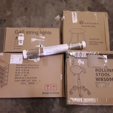 PALLET OF ASSORTED PRODUCTS INCLUDING STRING LIGHTS, ROUND SIDE TABLE, ROLLING STOOL, WALLPAPER, SHOE RACK