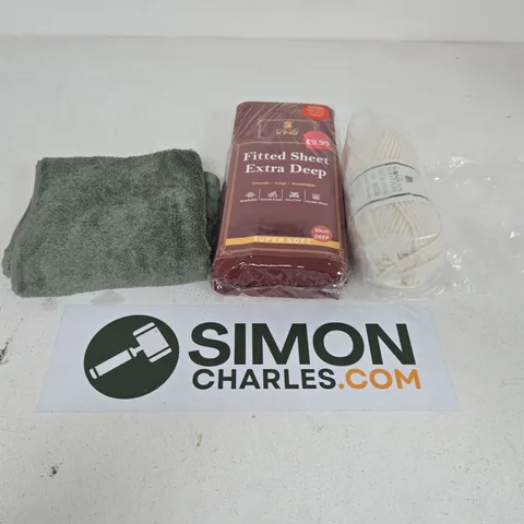 APPROXIMATELY 15 ASSORTED HOUSEHOLD PRODUCTS TO INCLUDE A HAND TOWEL, WHITE KNITTING YARN AND A RED FITTED SHEET