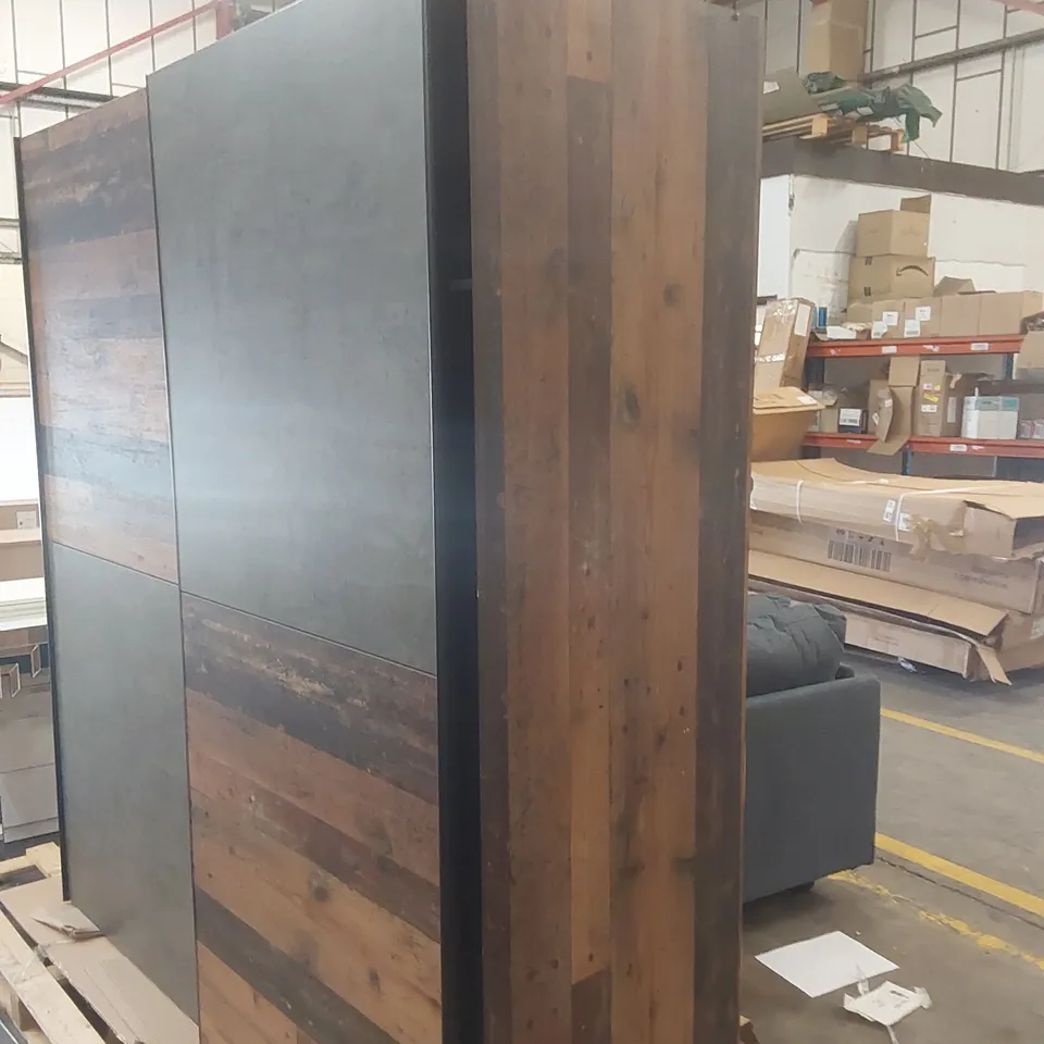 DESIGNER DOUBLE SLIDING DOOR WARDROBE WITH OAK AND CONCRETE FINISH, 170.3 CM W X 190.5 CM H X 61.2 CM D