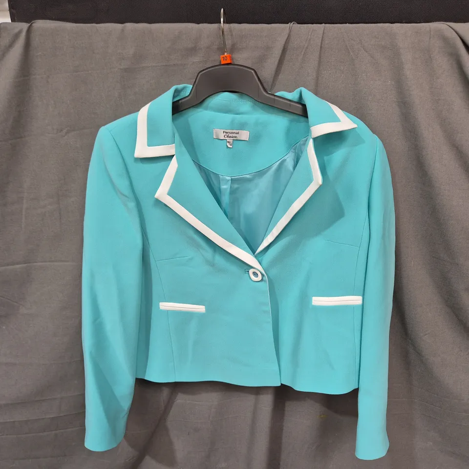 PERSONAL CHOICE WOMEN'S TURQUOISE BLAZER WITH WHITE TRIM - SIZE 16/42