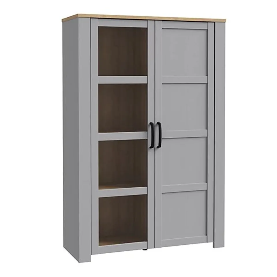 BOXED BOHOL 2 DOOR DISPLAY CABINET IN RIVIERA OAK/GREY OAK (2 BOXES)