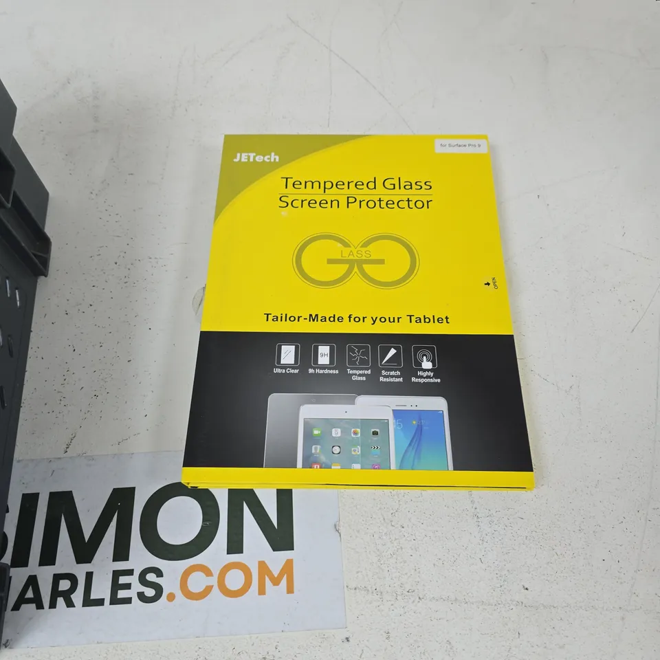 TOTE OF APPROXIMATELY 12 ASSORTED ITEMS TO INCLUDE: GLASS SCREEN PROTECTOR FOR SURFACE PRO 9