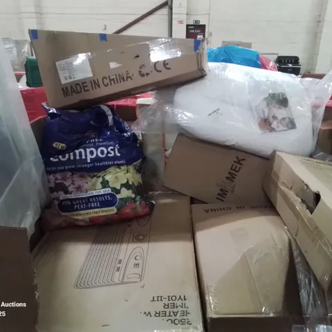 PALLET CONTAINING VARIOUS ASSORTED ITEMS TO INCLUDE: FOOT STOOL, KIDS SCOOTERS, COMPOST, V PILLOW AND LOTS MORE UNMARKED BOXED ITEMS 