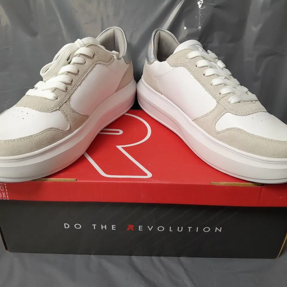 BOXED PAIR OF RIEKER REVOLUTION TRAINERS IN WHITE/PRISMATIC SILVER W. JEWEL EFFECT SIZE 7.5