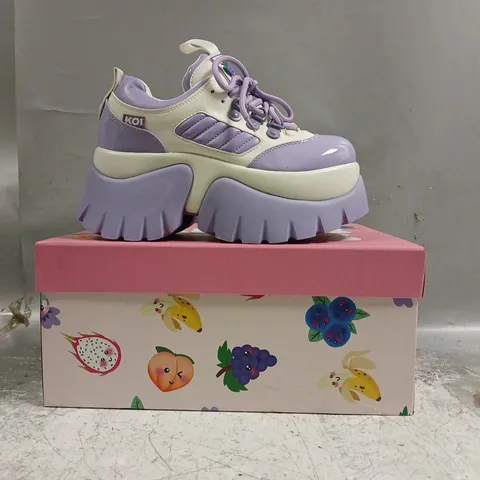 BOXED PAIR OF KOI FRUITTI TUTTI GRAPE JELLY TRAINERS IN PURPLE/WHITE SIZE UK 3