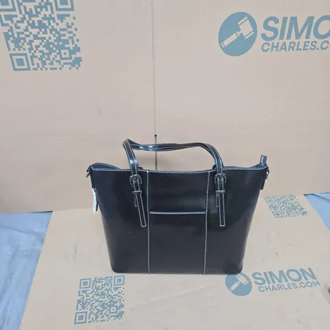 BLACK GENUINE LEATHER HANDBAG WITH WHITE CONTRAST STITCHING – TWO HANDLES