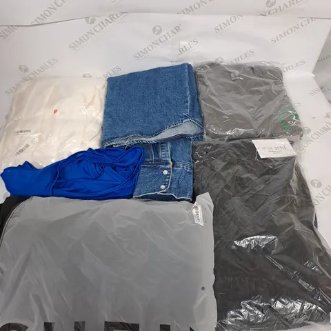 LARGE BOX OF ASSORTED CLOTHING ITEMS IN VARIOUS COLOURS AND SIZES INCLUDING TROUSERS , TOPS AND JUMPERS