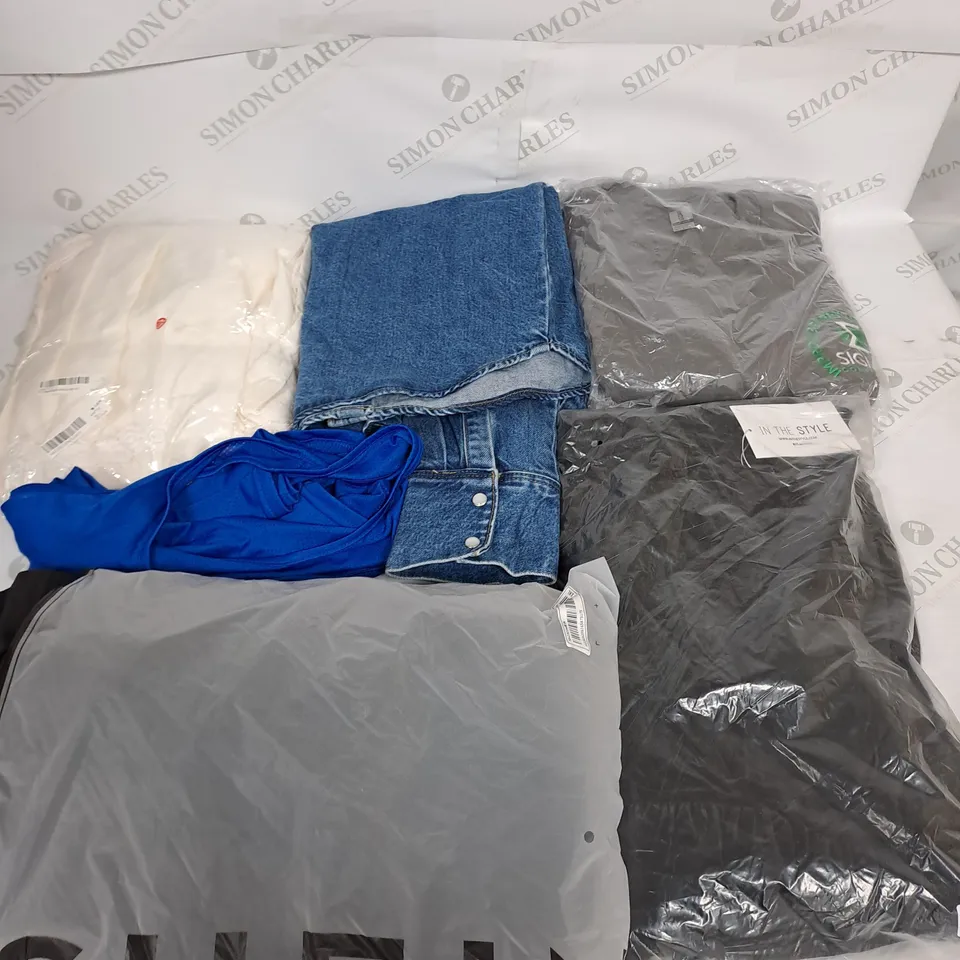 LARGE BOX OF ASSORTED CLOTHING ITEMS IN VARIOUS COLOURS AND SIZES INCLUDING TROUSERS , TOPS AND JUMPERS 