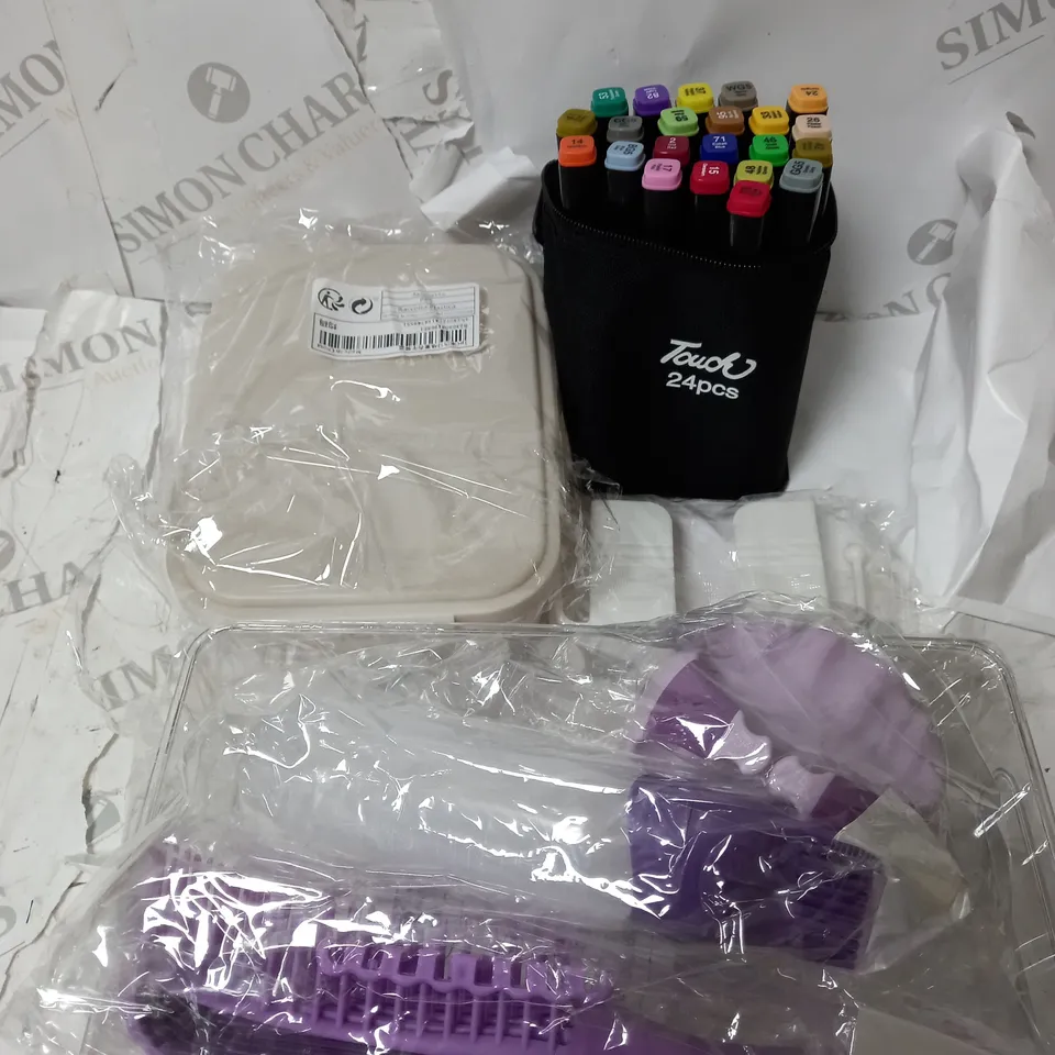 BOX OF ASSORTED ITEMS TO INCLUDE PENS STORAGE BOXES AND HAIR BRUSH 
