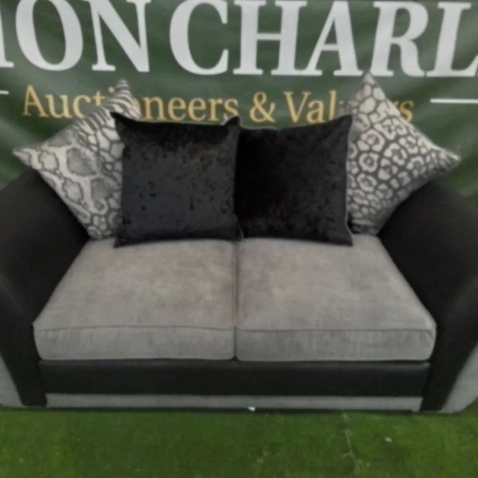 DESIGNER GREY FABRIC AND BLACK SUEDE EFFECT TWO SEATER SOFA WITH CHROME FEET