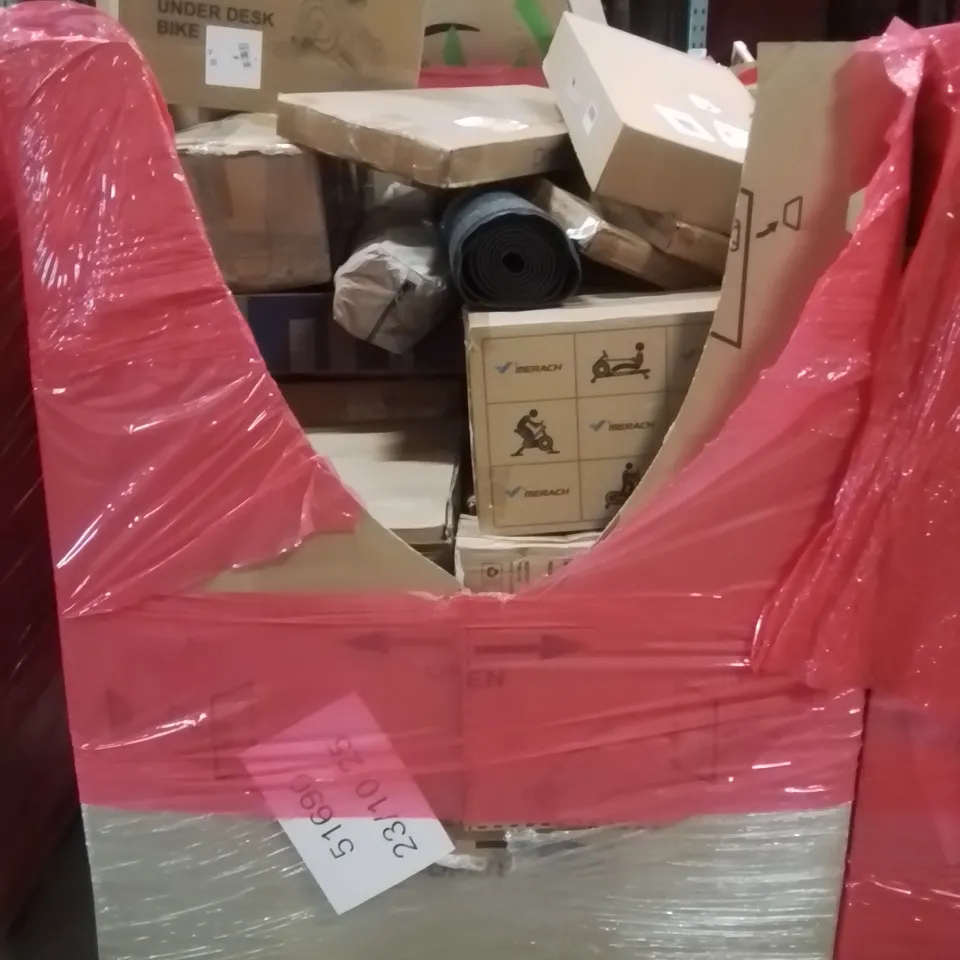 PALLET CONTAINING VARIOUS ASSORTED BOXED HOUSEHOLD ITEMS TO INCLUDE: UNDER DESK EXERCISE BIKES, LARGE DOOR MAT, SHOWER SYSTEM AND LOTS MORE UNMARKED BOXED ITEMS 