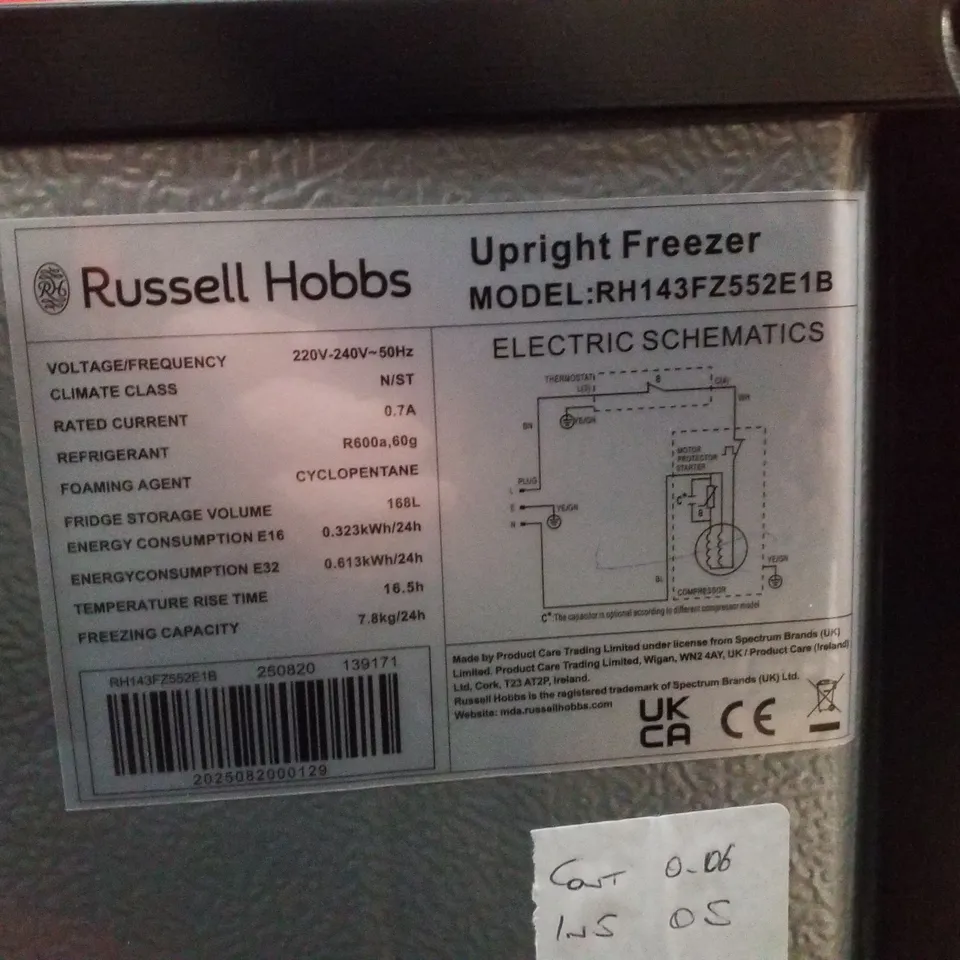 RUSSELL HOBBS RH143FZ552E1B 143CM SMALL UPRIGHT FREEZER - BLACK