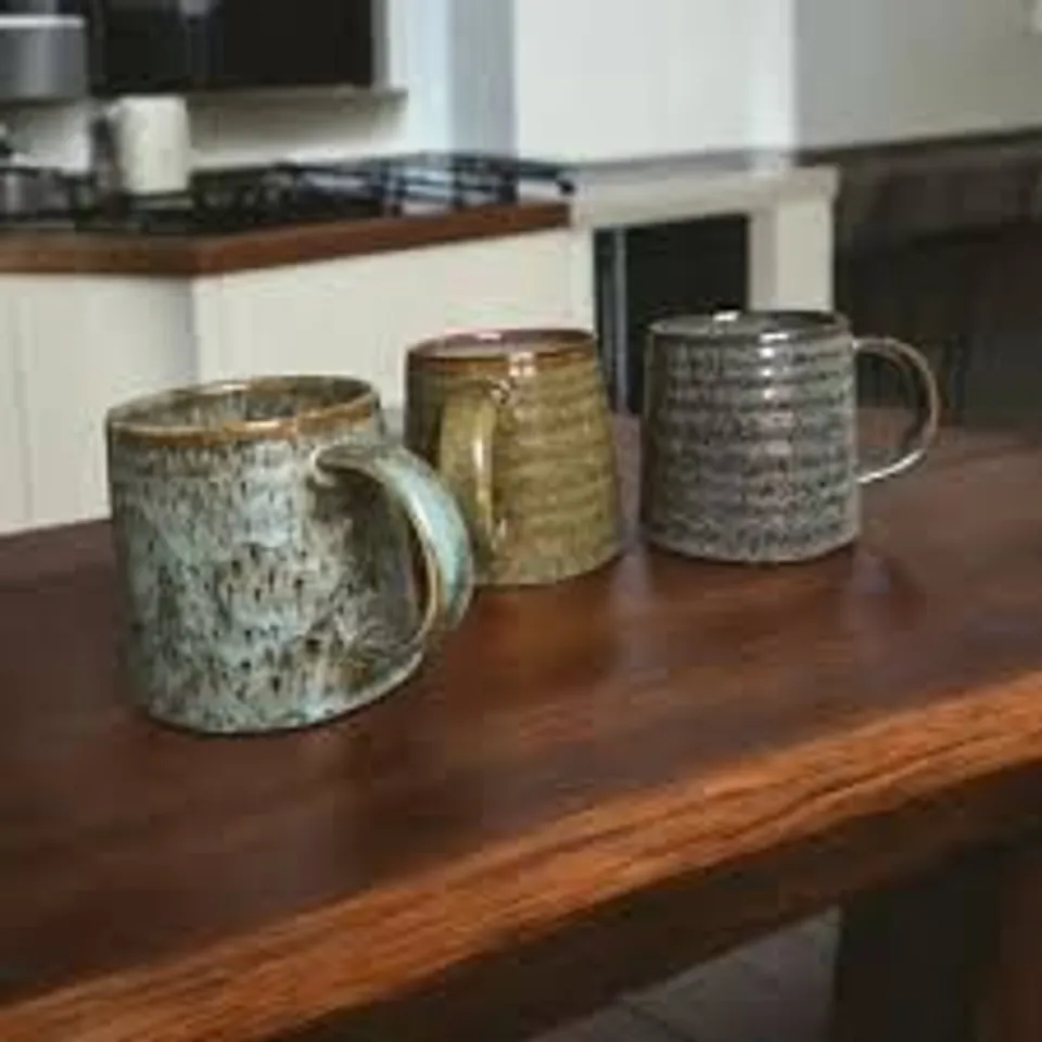 BOXED SET OF 3 REACTIVE GLAZE EARTH TONES MINIMALIST COFFEE MUGS (1 BOX)