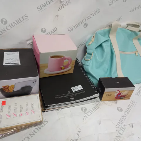 LARGE BOX ASSORTED HOUSEHOLD ITEM TOO INCLUDE BAGS , MUGS AND NOTEBOOKS