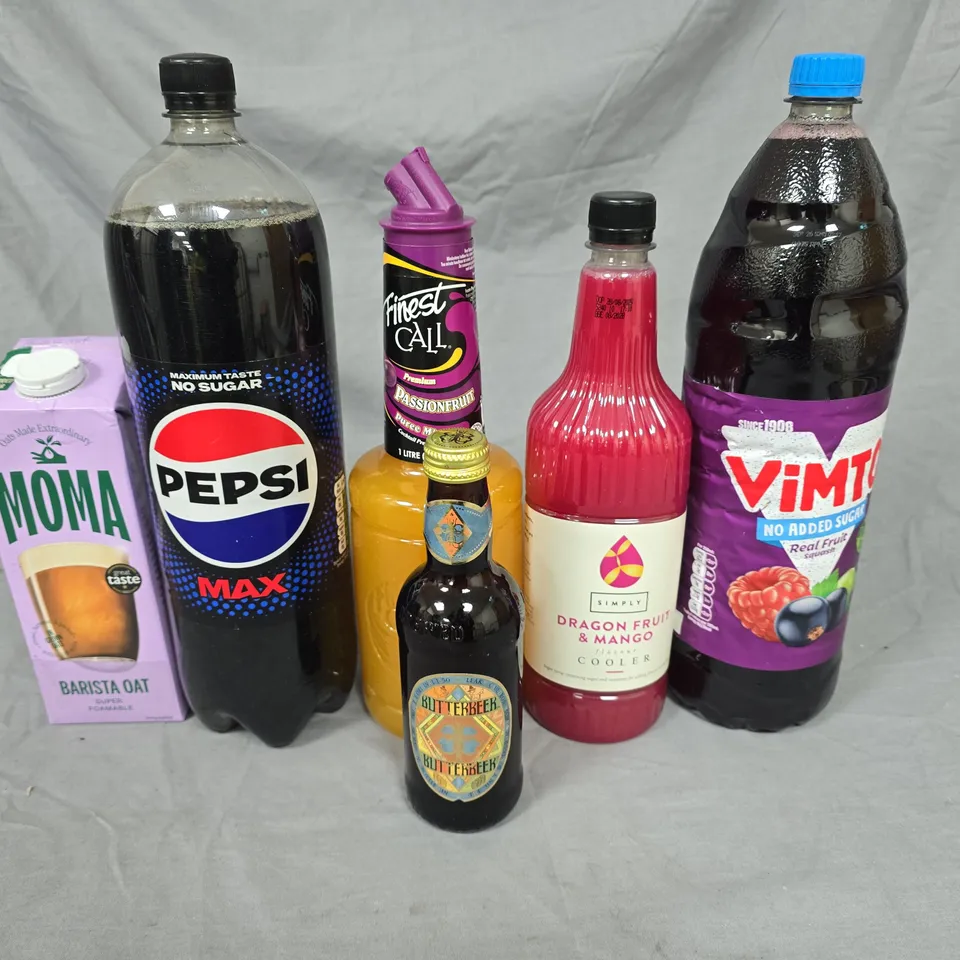 LOT OF APPROXIMATELY 35 ASSORTED DRINKS TO INCLUDE NOMA BARISTA OAT, PEPSI, BUTTER BEAR AND ROBINSONS