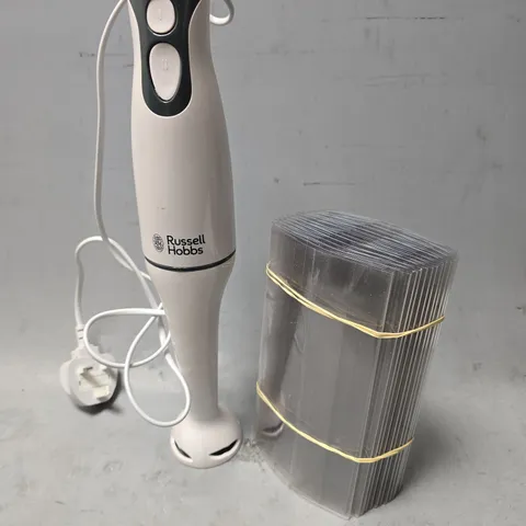 APPROXIMATELY 6 ASSORTED ITEMS TO INCLUDE - RUSSELL HOBBS BLENDER & CLEAR PLASTIC COVERS 