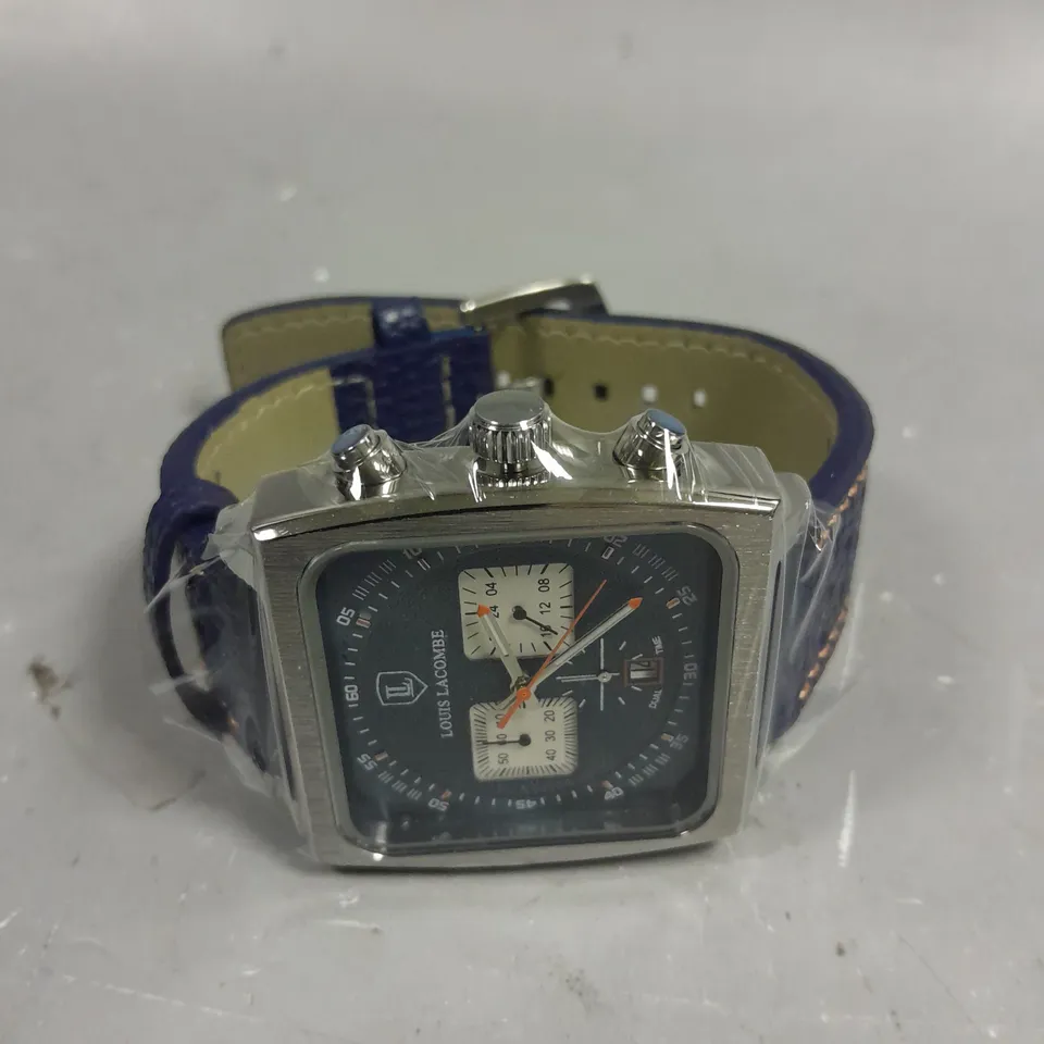 MENS LOUIS LACOMBE WATCH – SQUARE DIAL WITH WHITE SUB DIALS – LEATHER STRAP
