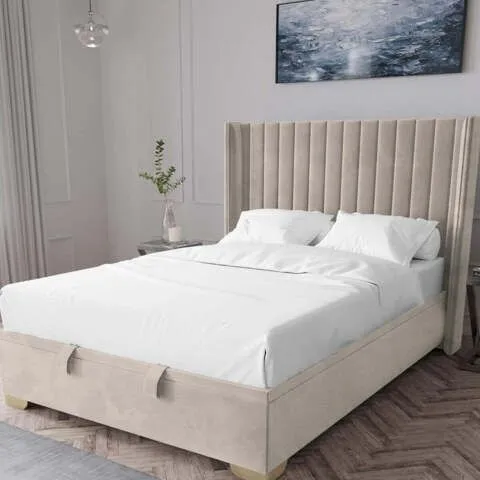 BOXED KINGSTON VELVET LIFT UP KING SIZE BED FRAME - NATURAL (5 BOXES)