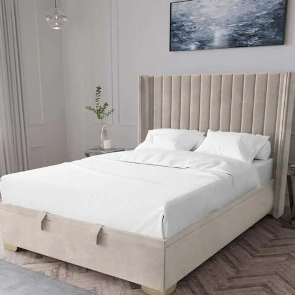 BOXED KINGSTON VELVET LIFT UP KING SIZE BED FRAME - NATURAL (5 BOXES)