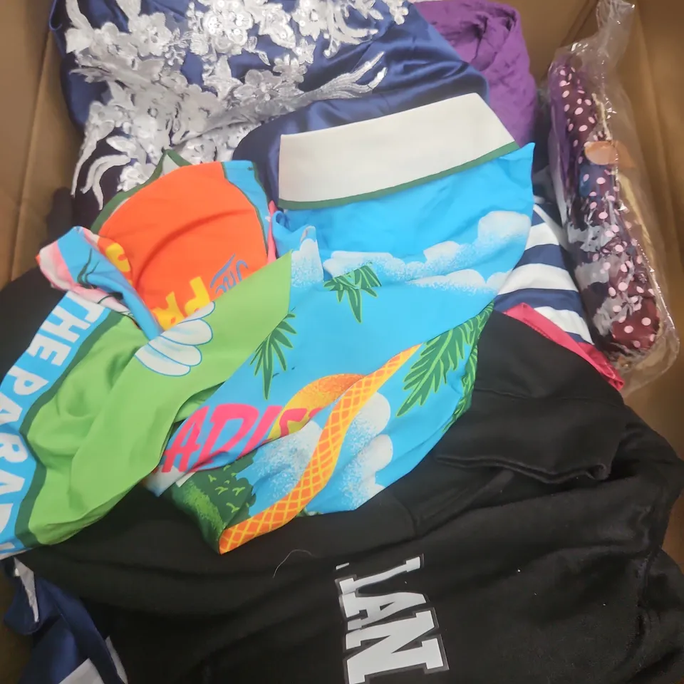 LARGE BOX OF APPROXIMATELY 25 ASSORTED CLOTHING ITEMS IN VARIOUS COLOURS, STYLES AND SIZES - COLLECTION ONLY