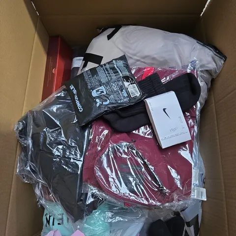 LARGE BOX OF ASSORTED CLOTHING ITEMS IN VARIOUS SIZES, STYLES AND COLOUR 