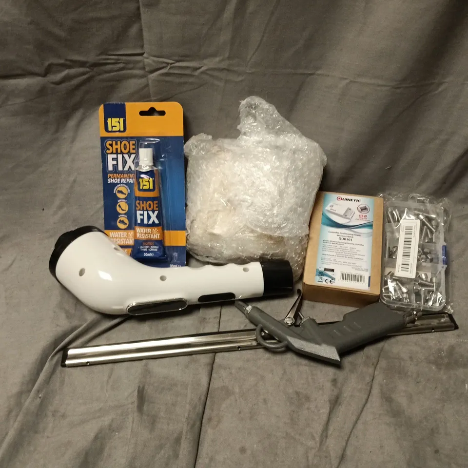 APPROXIMATELY 12 ASSORTED HOUSEHOLD ITEMS TO INCLUDE 151 SHOE FIX, UINETIC DIMMING WIRELESS SWITCH, BOLTS, ETC
