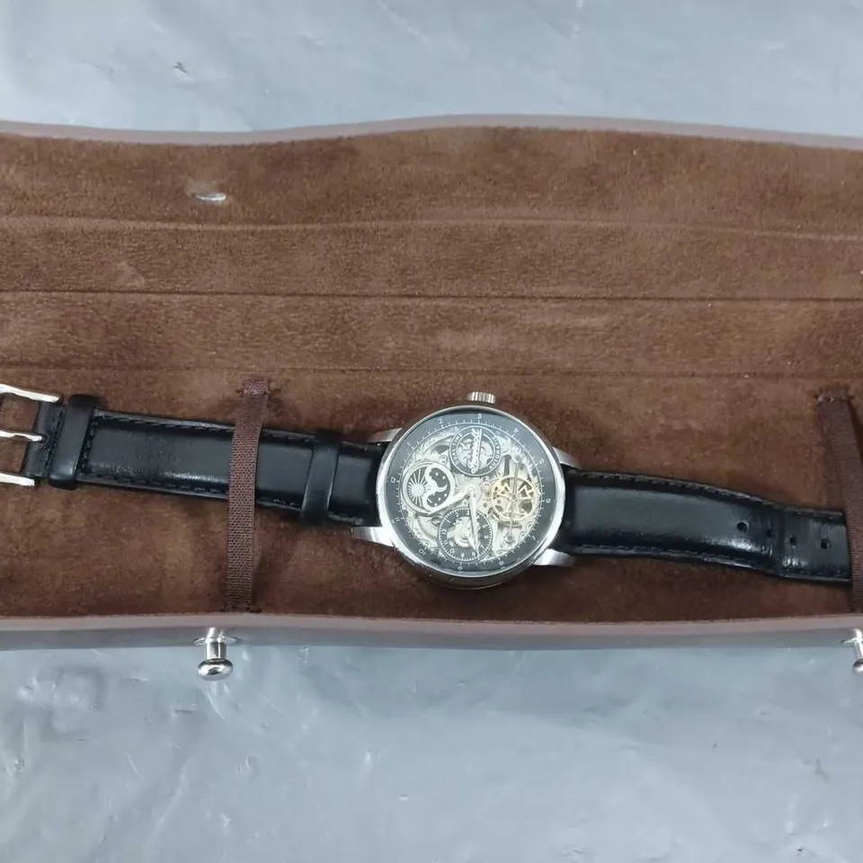 INGERSOLL THE JAZZ SILVER SKELETON MOONPHASE AUTOMATIC DIAL BLACK LEATHER STRAP WATCH