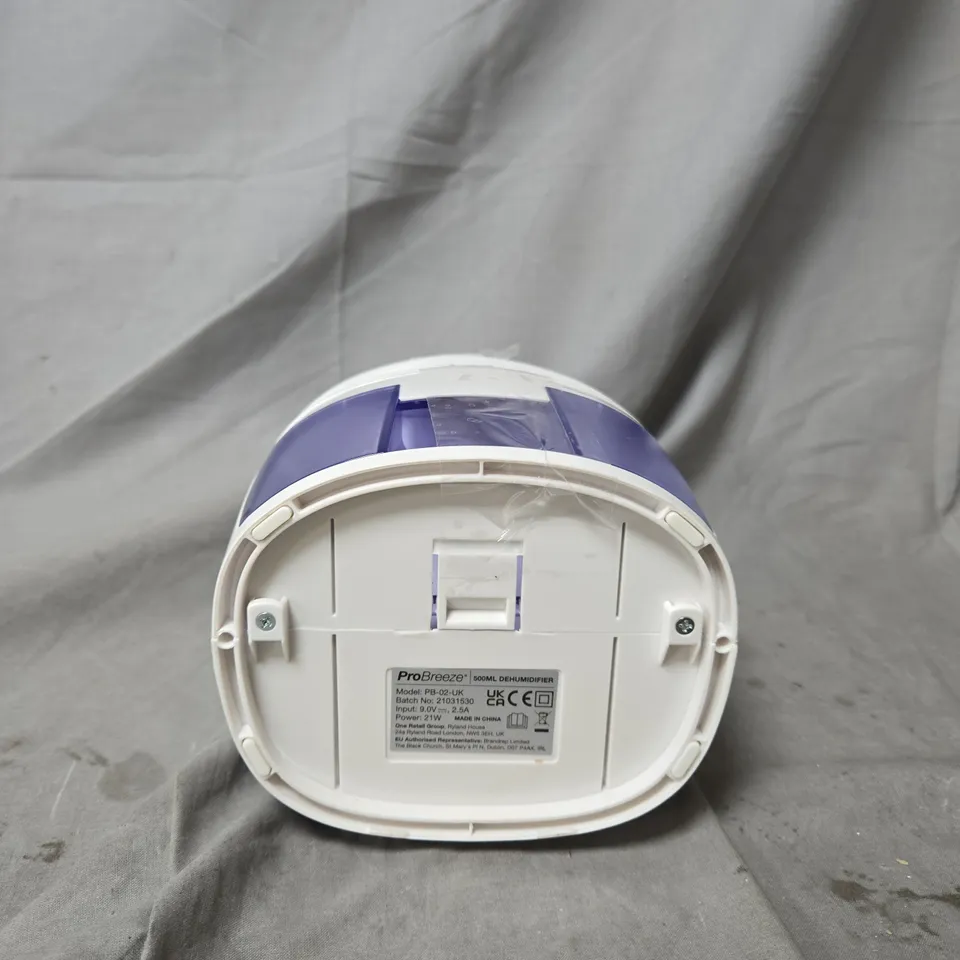 PROBREEZE 500ML DEHUMIDIFIER – WHITE WITH PURPLE WATER TANK (MODEL PB-02 UK)