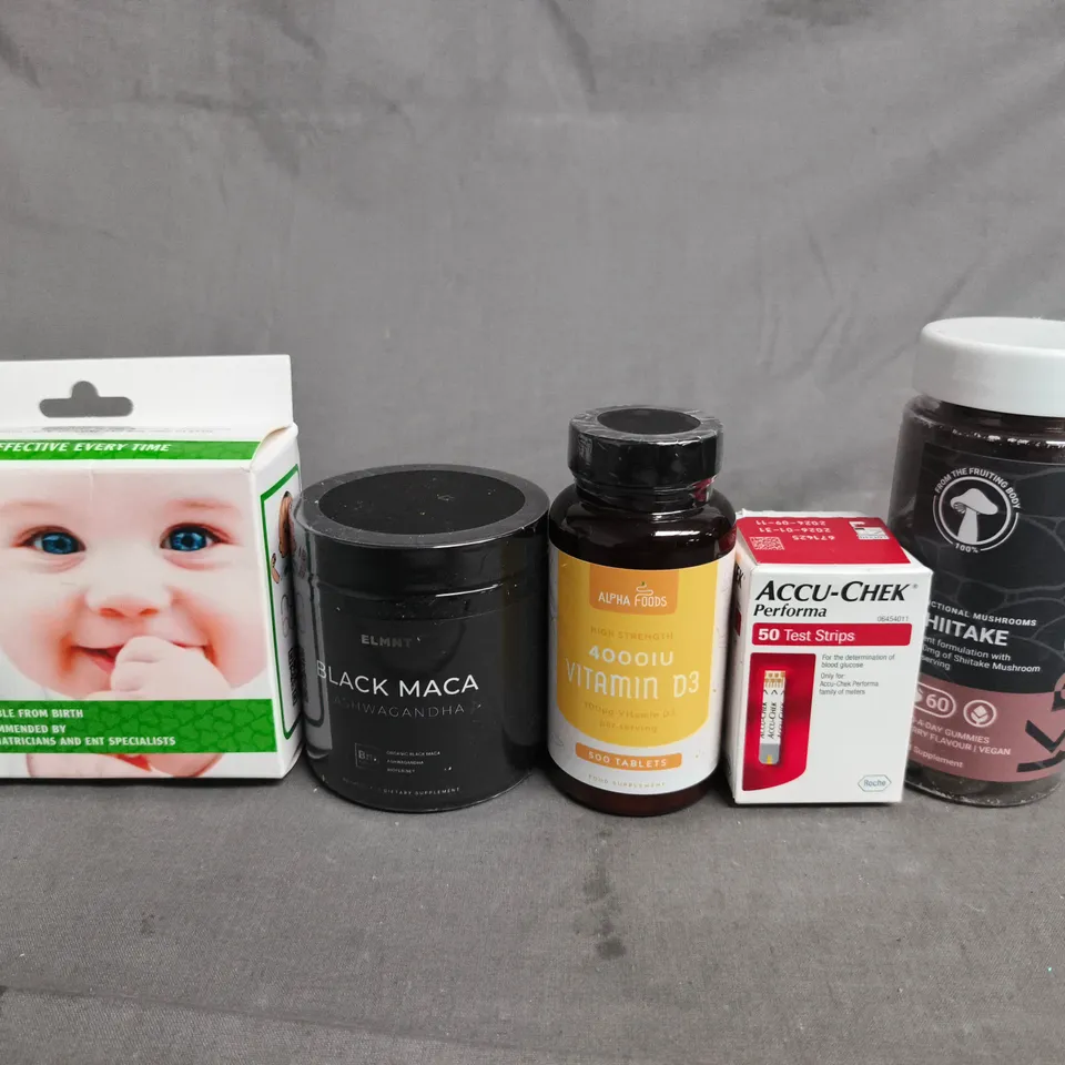 APPROX 10 ASSORTED ITEMS TO INCLUDE : BENNY NASAL ASPIRATOR; ELMNT BLACK MACA; ALPHA FOODS VITAMIN D3 (500 TABLETS); ACCU-CHEK PERFORMA TEST STRIPS