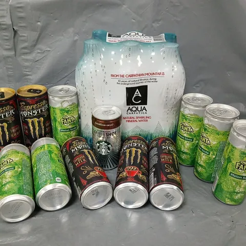 APPROXIMATELY 18 ASSORTED DRINK ITEMS TO INCLUDE ESPRESSO MONSTER, FANTA MELON SODA, AQUA CARPATICA SPARKLING WATER, ETC - COLLECTION ONLY