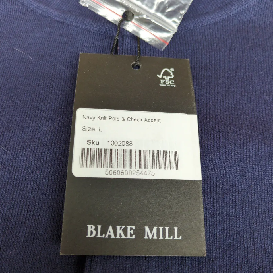 BLAKE MILL NAVY KNIT POLO WITH CHECK ACCENT – SIZE L