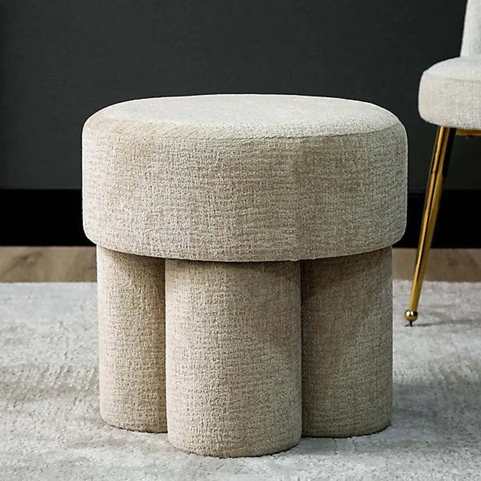 BOXED CHENILLE ROUND DRESSING TABLE STOOL FOR BEDROOM FURNITURE - BEIGE 