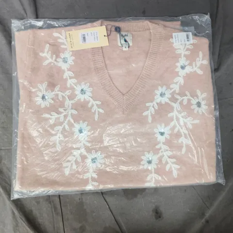 YUMI OATMEAL FLORAL EMBROIDERED V NECK RELAXED KNITTED JUMPER SIZE SMALL