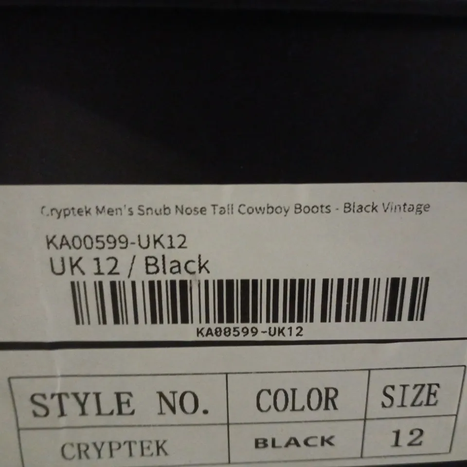 BOXED PAIR OF KOI CRYPTEK MEN'S SNUB NOSE TALL COWBOY BOOTS – BLACK VINTAGE, UK 12