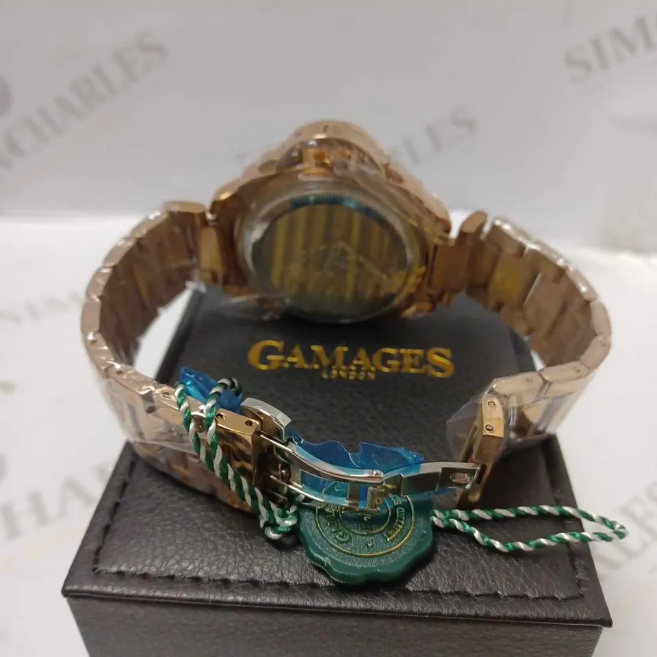 GAMAGES MOMENTUM ROSE TRIPLE DATE DIAL TACHYMETER BRACELET STRAP WRISTWATCH	