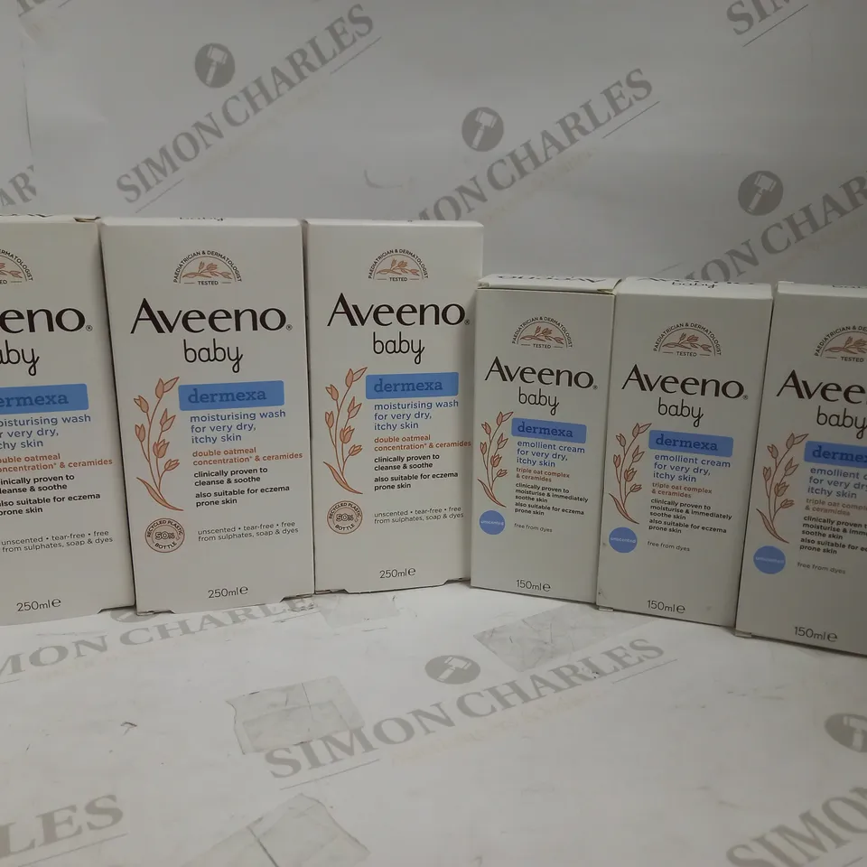 LOT OF 6 AVEENO DERMEXA MOISTURISING WASH + EMOLLIENT CREAM (3 X 250ML + 3 X 150ML)