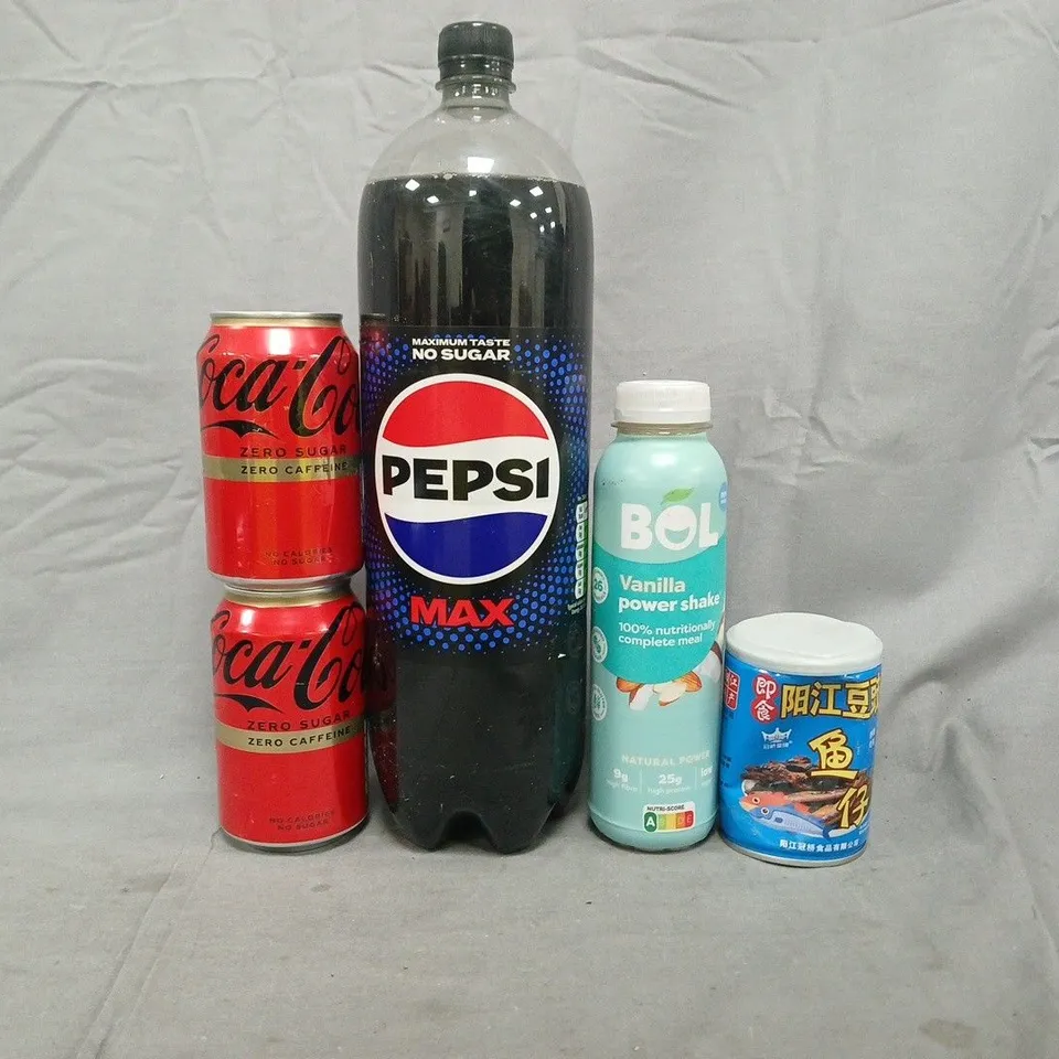 APPROXIMATELY 8 ASSORTED FOOD AND DRINK ITEMS TO INCLUDE PEPSI MAX, COCA-COLA, ETC