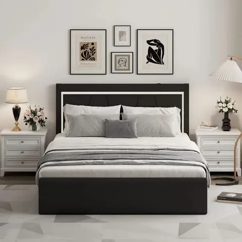 BOXED PU BED FRAME WITH 4 DRAWERS AND LED LIGHT HEADBOARD AND CHARGING - BLACK // SIZE: KING (1 BOX)