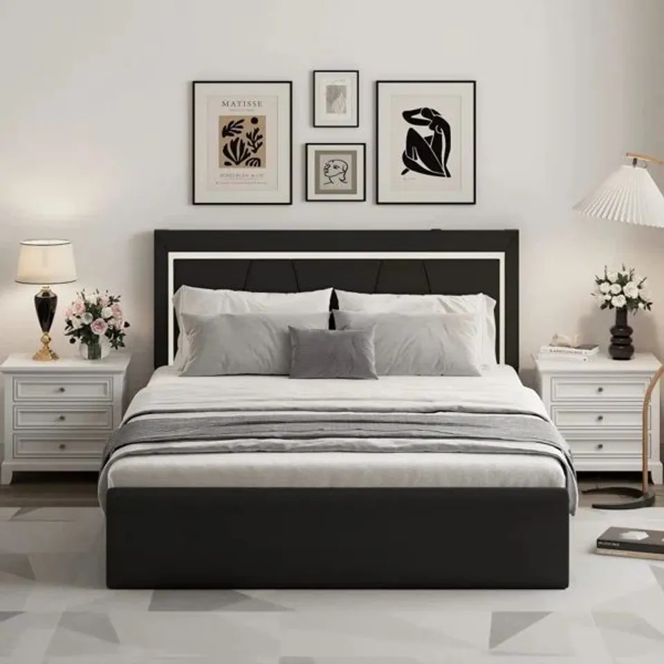 BOXED PU BED FRAME WITH 4 DRAWERS AND LED LIGHT HEADBOARD AND CHARGING - BLACK // SIZE: KING (1 BOX)