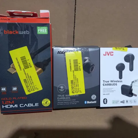 BOX OF APPROXIMATELY 15 ASSORTED ELECTRICAL ITEMS TO INCLUDE BLACKWEB HDMI CABLE, ASDA TECH TRUE WIRELESS EARBUDS, JVC TRUE WIRELESS EARBUDS, ETC
