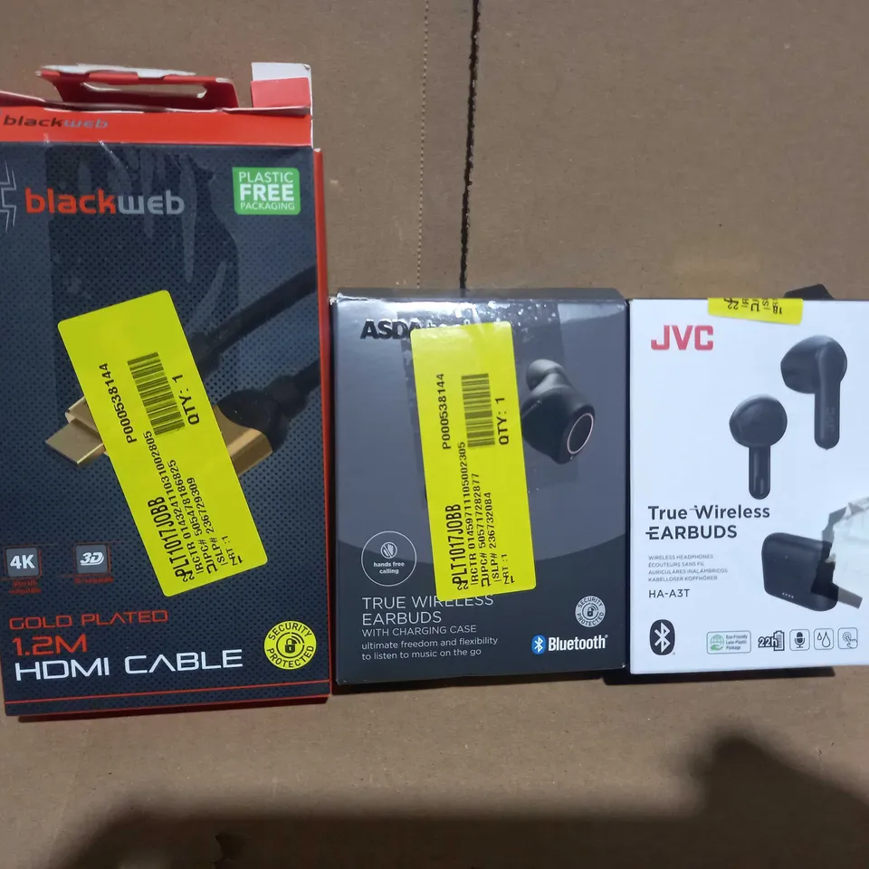 BOX OF APPROXIMATELY 15 ASSORTED ELECTRICAL ITEMS TO INCLUDE BLACKWEB HDMI CABLE, ASDA TECH TRUE WIRELESS EARBUDS, JVC TRUE WIRELESS EARBUDS, ETC