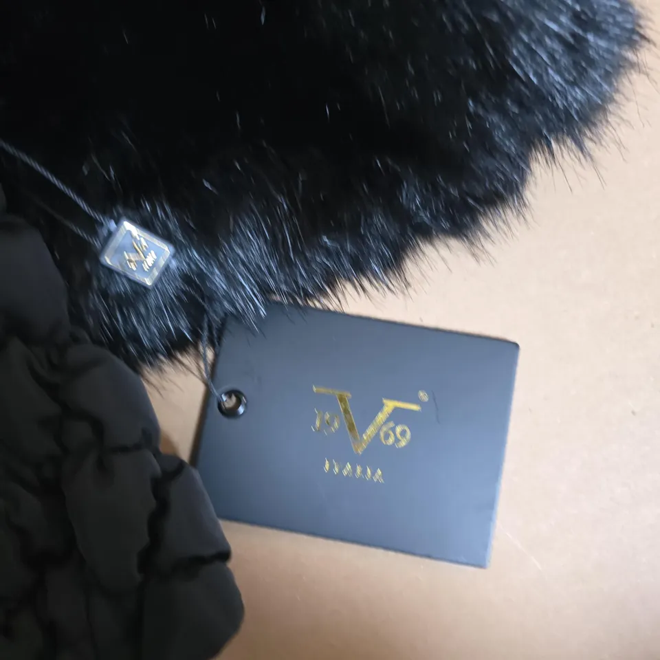 VERSACE 19.69 ITALIA FUR CROP COAT – BLACK WITH BELT, SIZE S/M